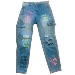 COLOMBIAN Y2K 90’s BIYOU CARGO PALAZZO DISTRESSED GRAFFITI JEAN - BLUE - SIZE 6